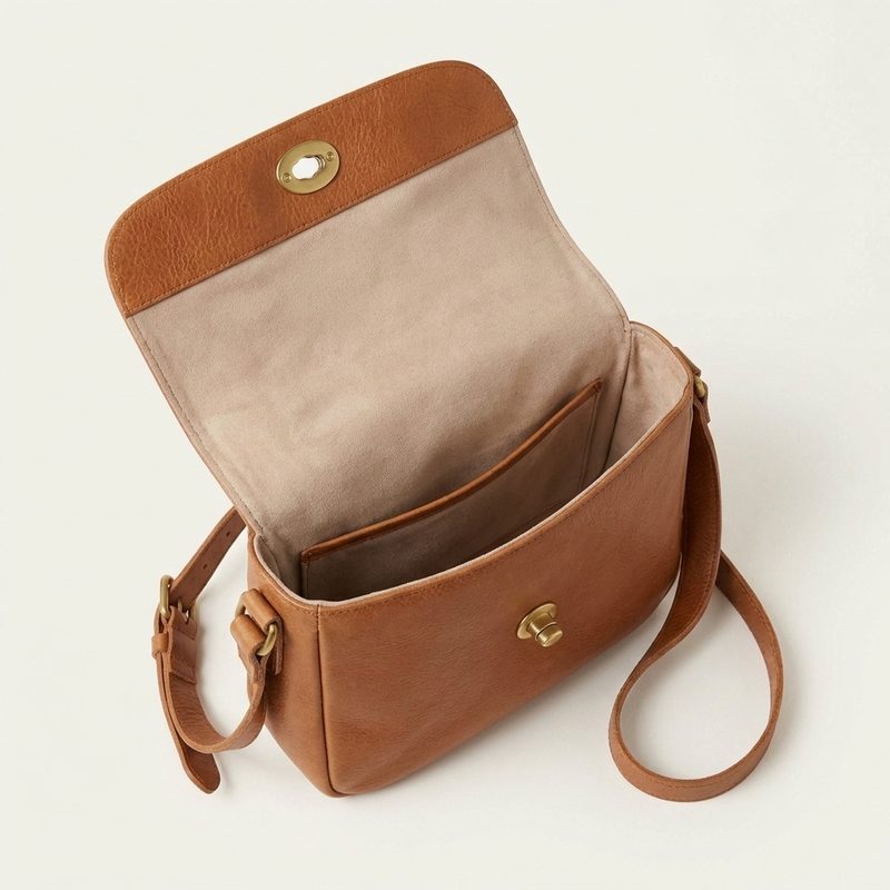 The same bag with the flap open, showing the lining