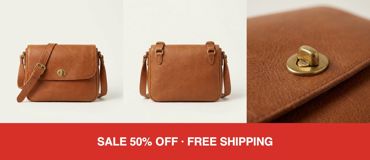 Three photos of the bag under a red sale banner