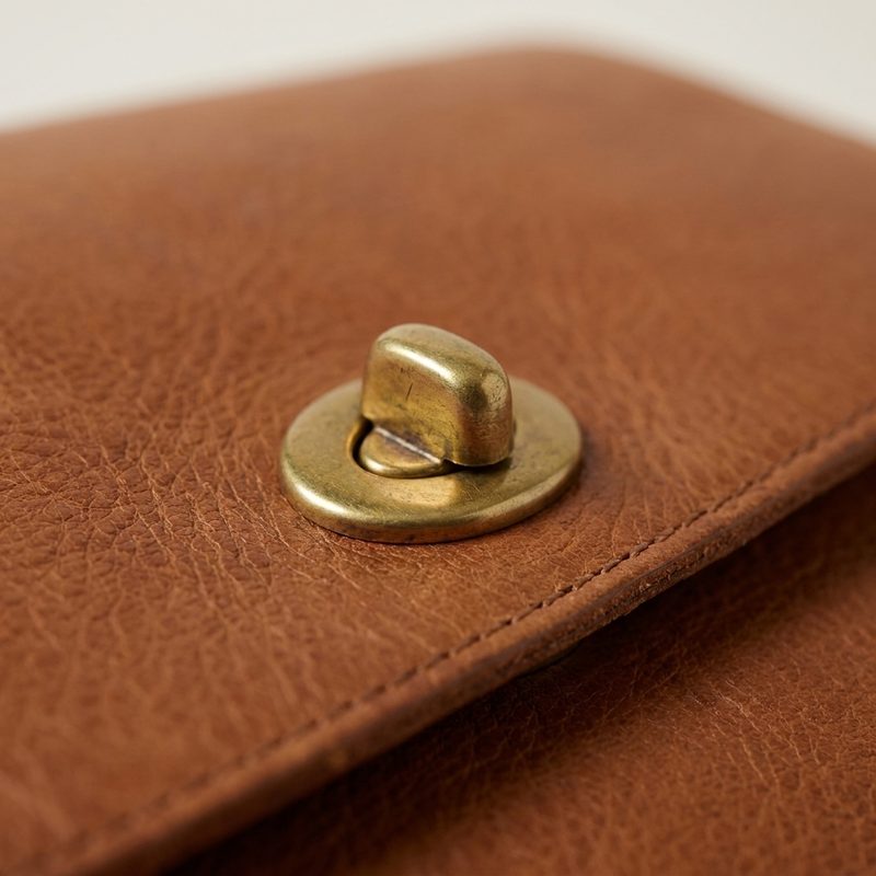 Close-up of the brass clasp and the stitching