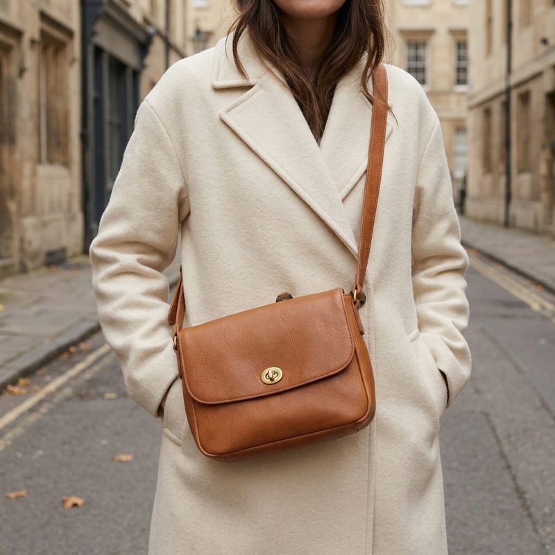 The bag worn crossbody over a cream coat, cropped below the face