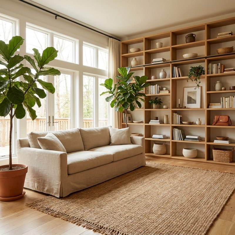 A living room with the bag small on a far shelf