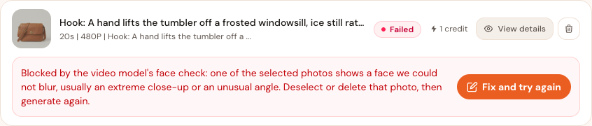 A failed video with its message and the Fix and try again button