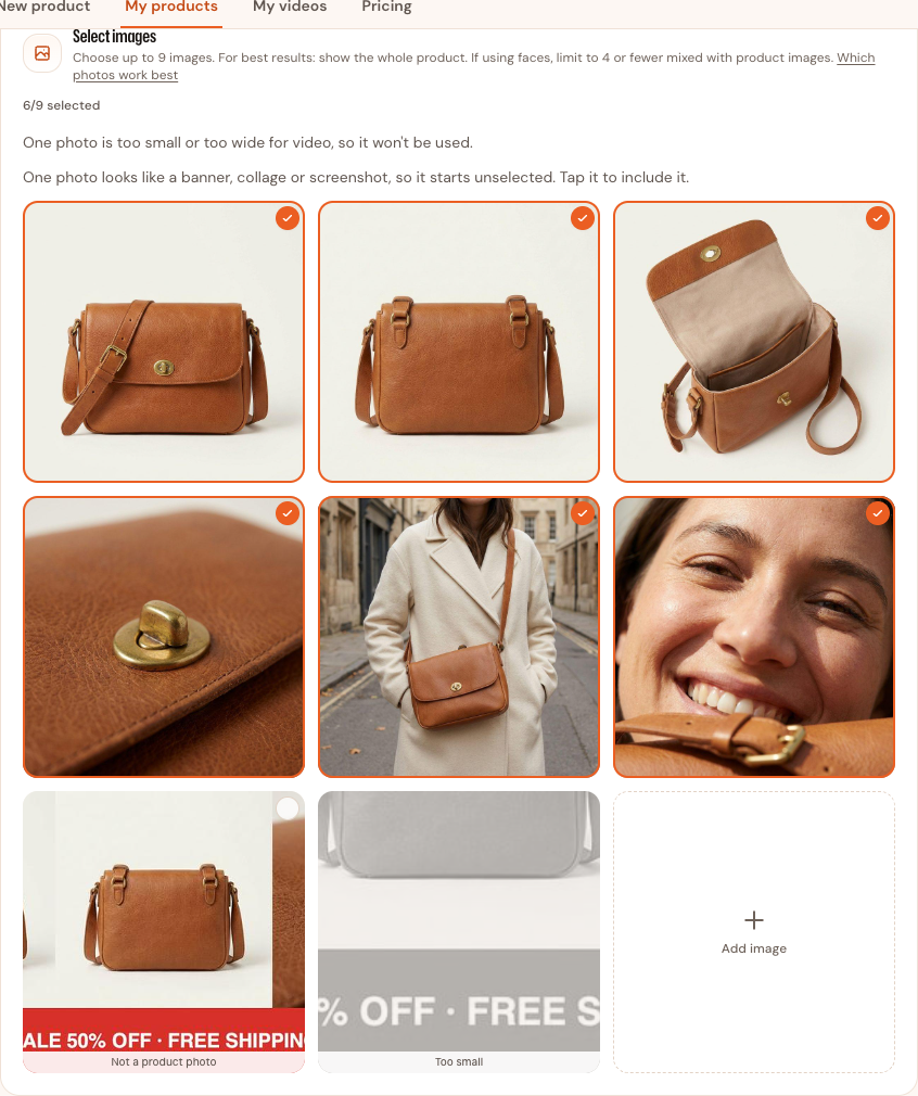 The Select images panel with eight photos of the bag: the bag on its own first, the close-up of a face after them, the collage with a sale banner unselected and labelled Not a product photo, and the banner strip marked Can't use