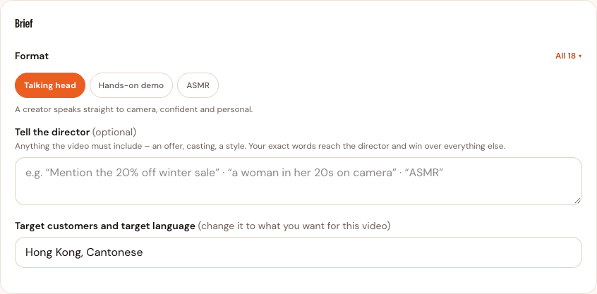 The “Brief” step with Talking head chosen, “Tell the director” left empty, and “Hong Kong, Cantonese” in “Target customers and target language”