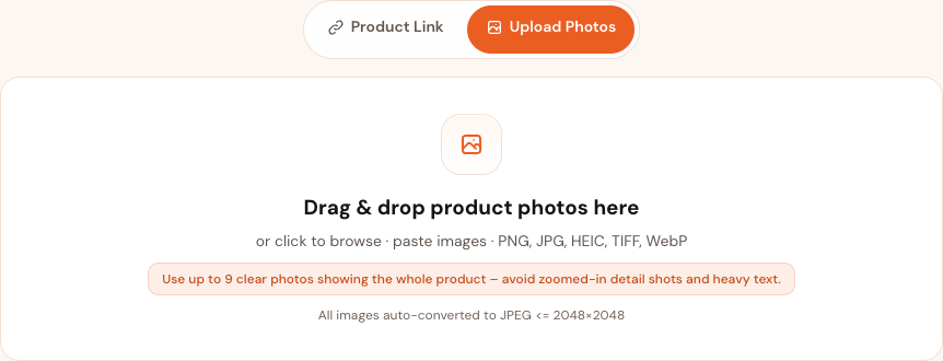 Upload photos tab with product photo dropzone
