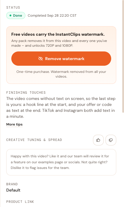 The details of a finished video: Status, the watermark notice with its Remove watermark button, and Finishing touches