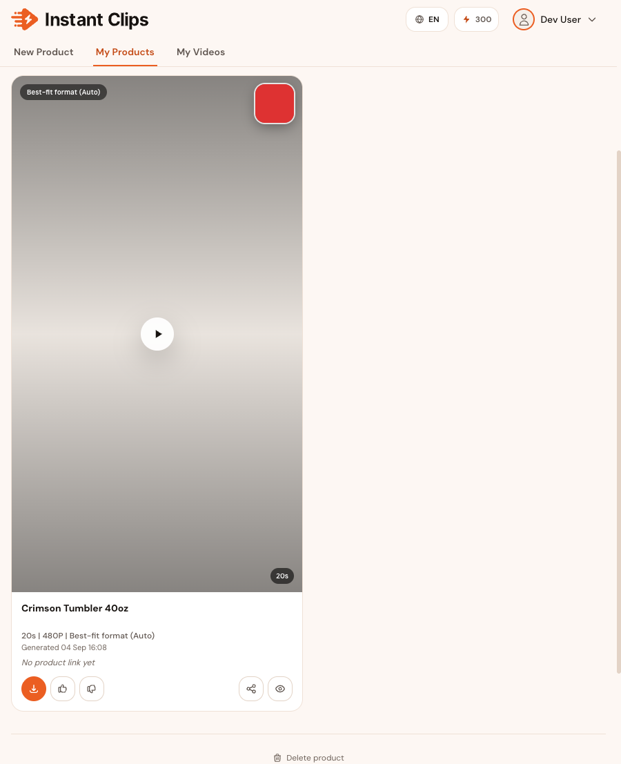 Finished vertical video with download, share, and preview controls