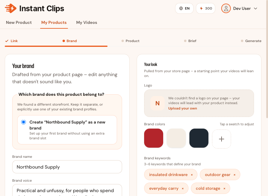 Wizard brand step: brand name, brand voice, logo, colours, and keywords