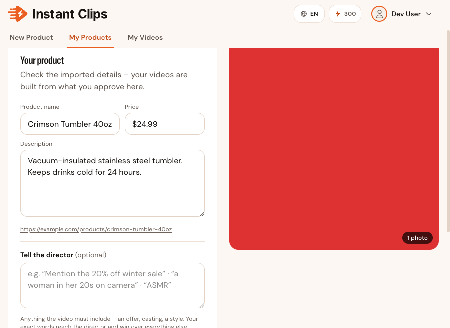 The Product step, with the note to the director under the product details