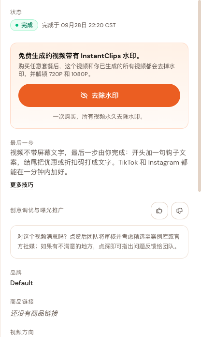 一条已完成视频的详情：状态、带「去除水印」按钮的水印提示，以及最后一步